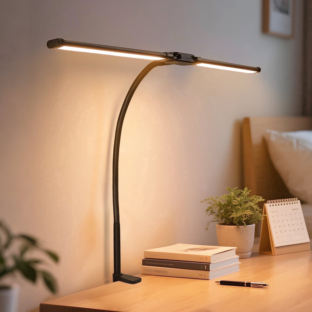 Elladera LED Clip-on Desk Lamp, Double Head Reading Light, Dimmable USB Port Desk