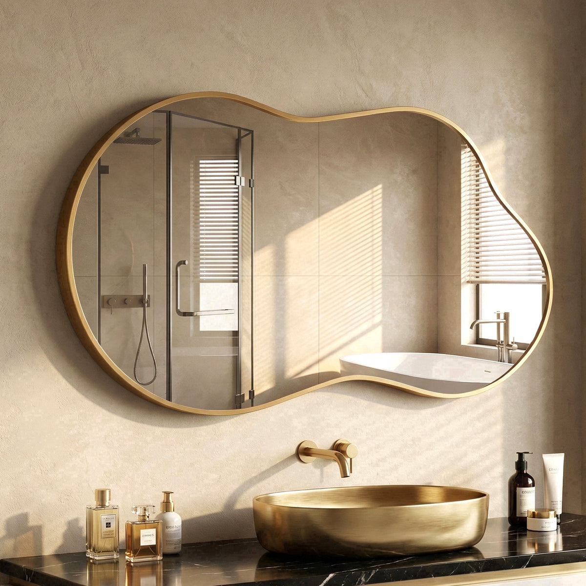 Elladera 24"x36" Irregular Wall Mirror, Cloud Shaped Gold Asymmetrical