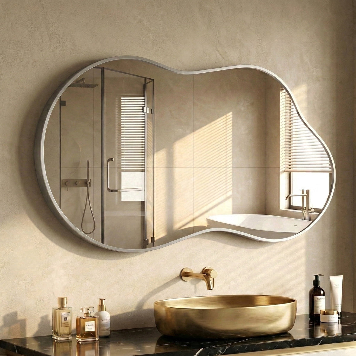 Elladera 24"x36" Irregular Wall Mirror, Cloud Shaped Gold Asymmetrical