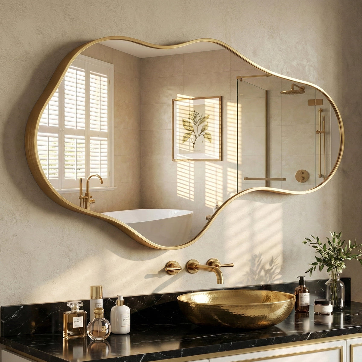 Elladera 26"x43" Wall Mirror Irregular, Gold Asymmetrical Organic Vanity
