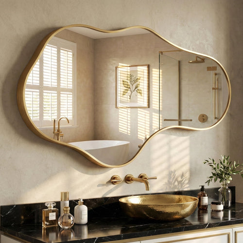 Elladera 26"x43" Wall Mirror Irregular, Gold Asymmetrical Organic Vanity