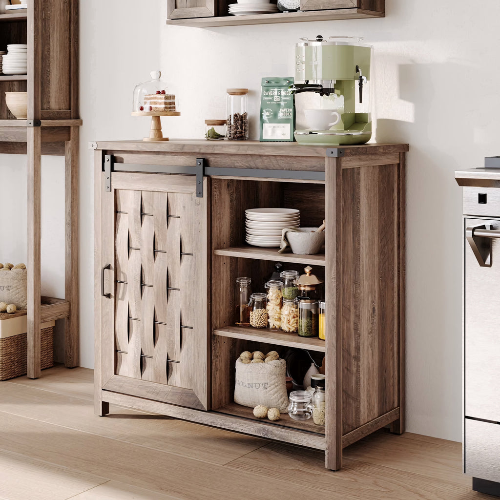 Elladera Farmhouse Coffee Bar Cabinet with Sliding Barn Door and Adjustable Shelves