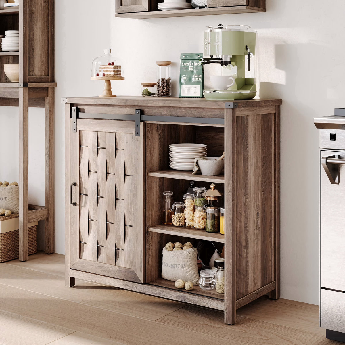 Elladera Farmhouse Coffee Bar Cabinet with Sliding Barn Door and Adjustable Shelves