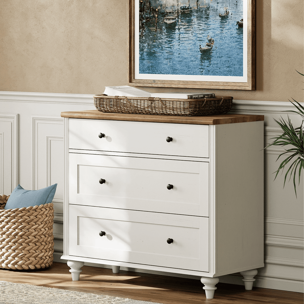 Elladera Farmhouse Dresser for Bedroom with 3 Drawers, Mid Century Modern Kids