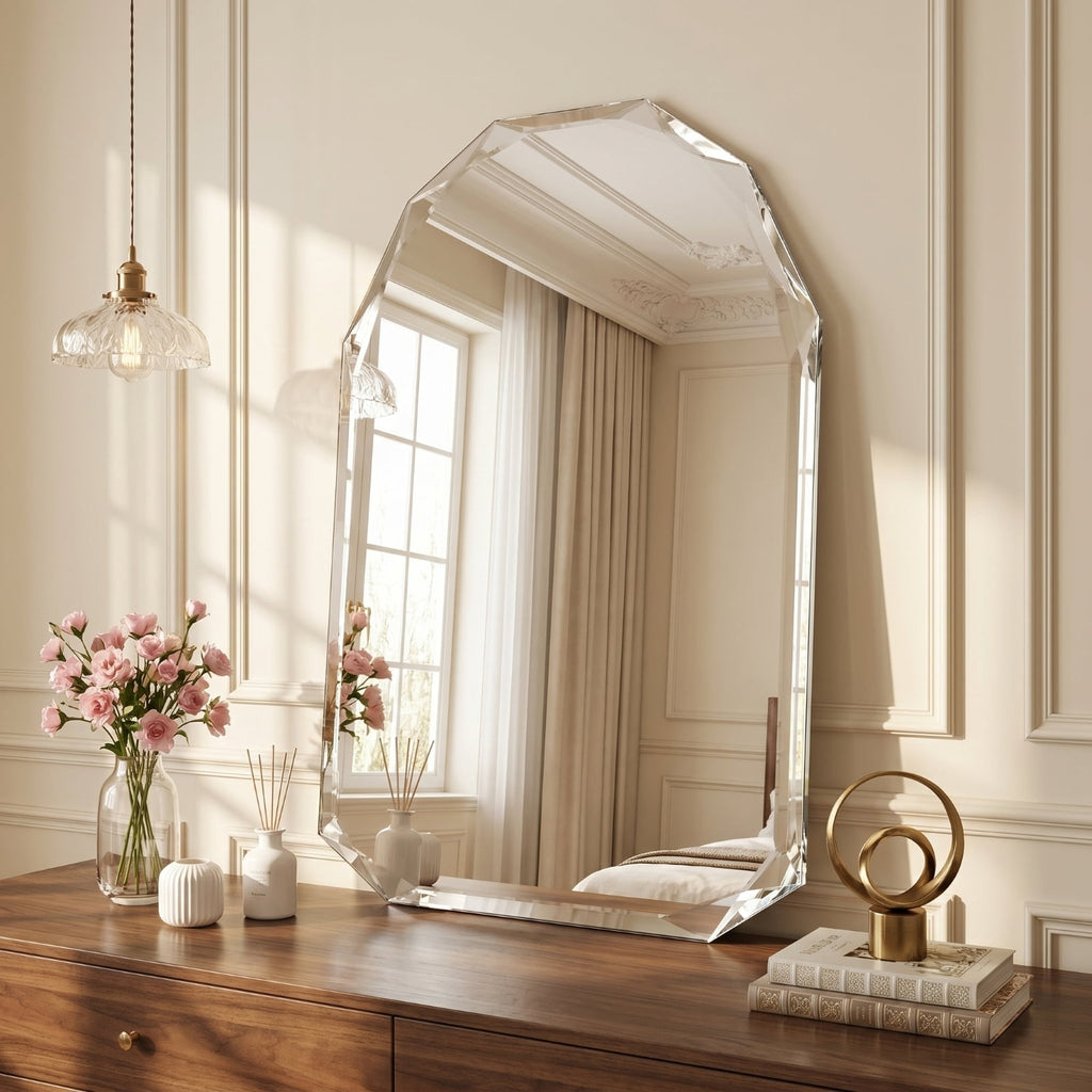 Elladera Gleamira 20"x28" Frameless Arched Bathroom Mirror Beveled Diamond Edge