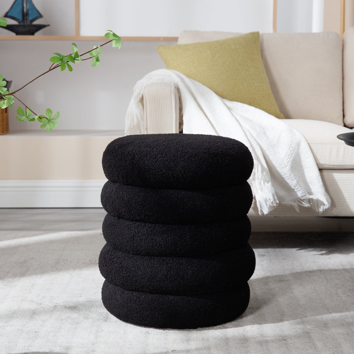 Elladera Guyou Round Storage Ottoman, Upholstered Sherpa Footstool, Small Boucle