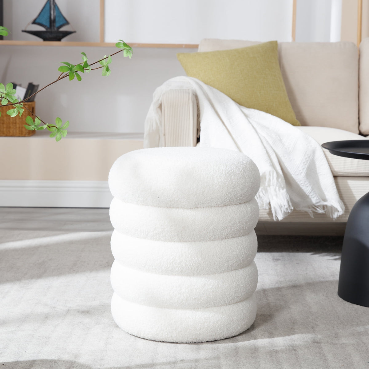 Elladera Guyou Round Storage Ottoman, Upholstered Sherpa Footstool, Small Boucle