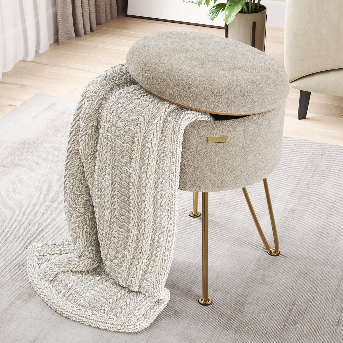 Elladera Hearth & Harbor Round Ottoman with Storage, Luxurious Foot Stool and Chic