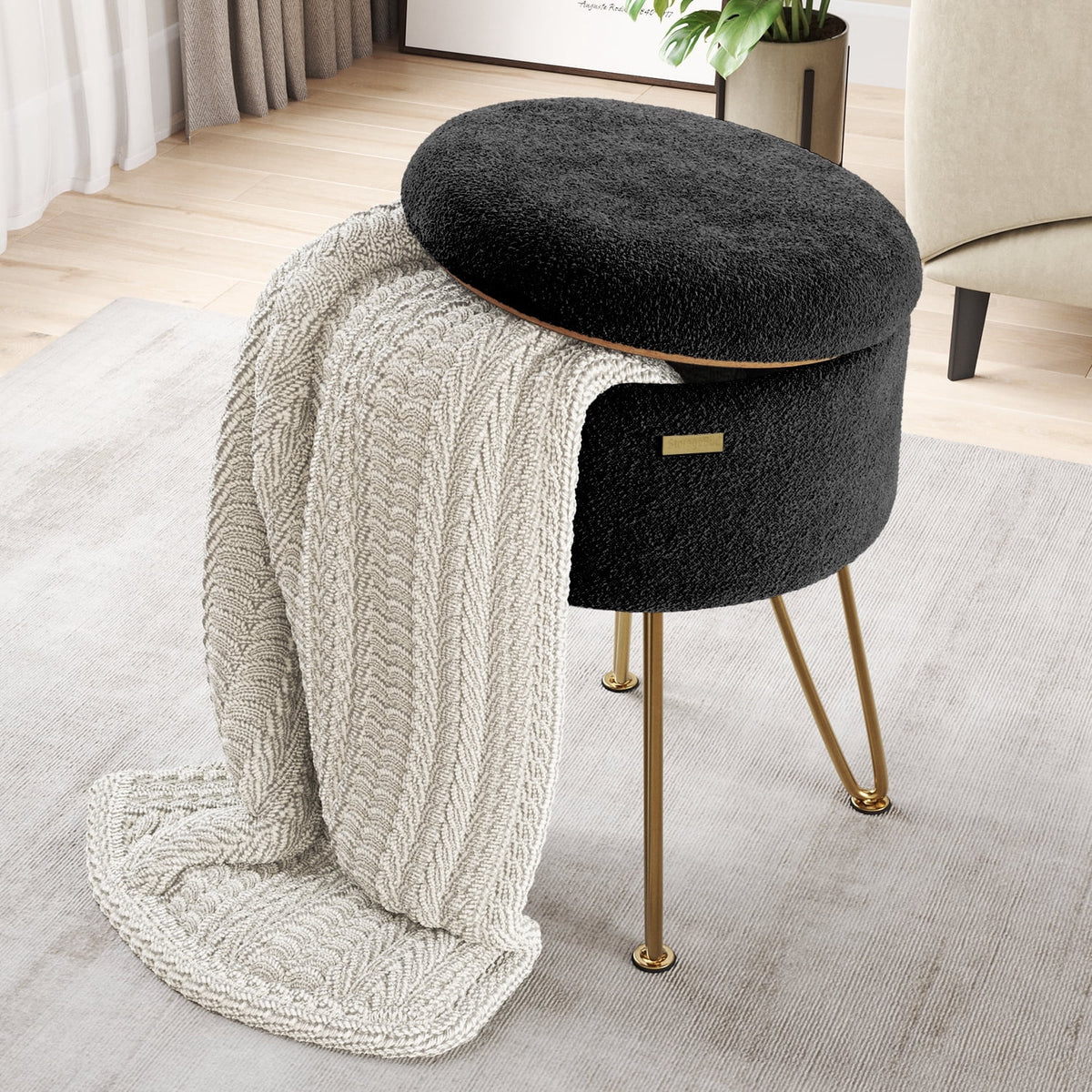 Elladera Hearth & Harbor Round Ottoman with Storage, Luxurious Foot Stool and Chic