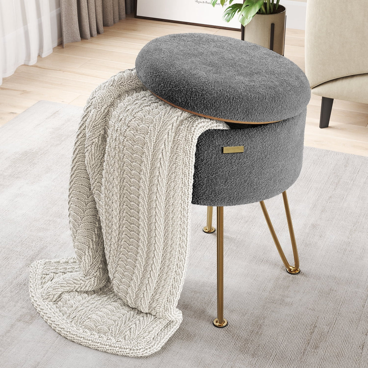 Elladera Hearth & Harbor Round Ottoman with Storage, Luxurious Foot Stool and Chic