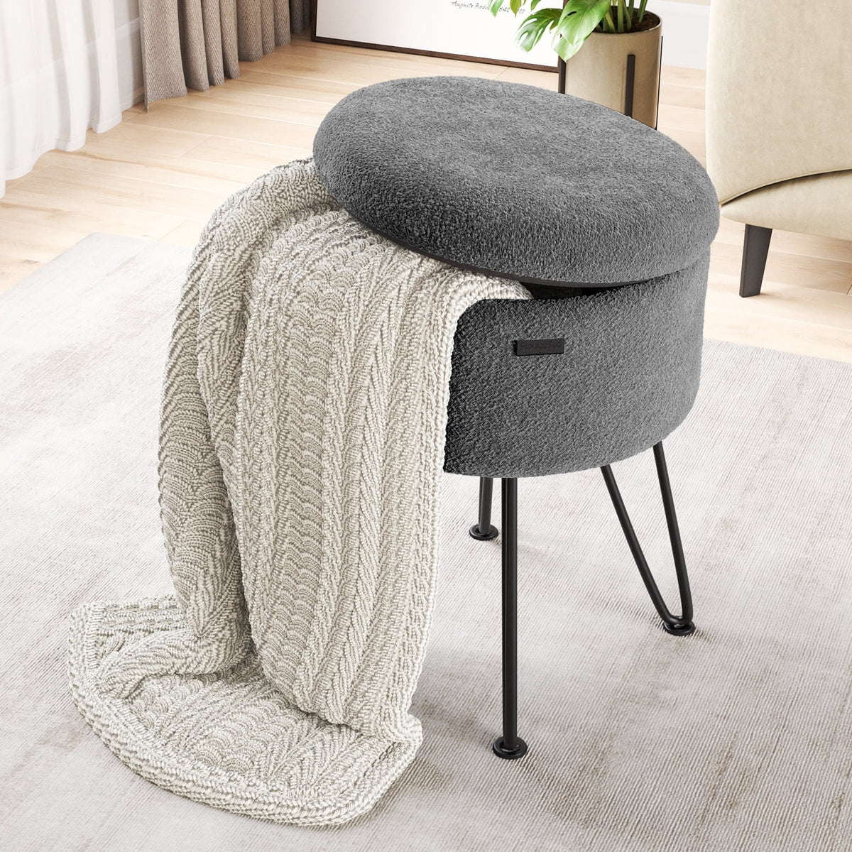 Elladera Hearth & Harbor Round Ottoman with Storage, Luxurious Foot Stool and Chic