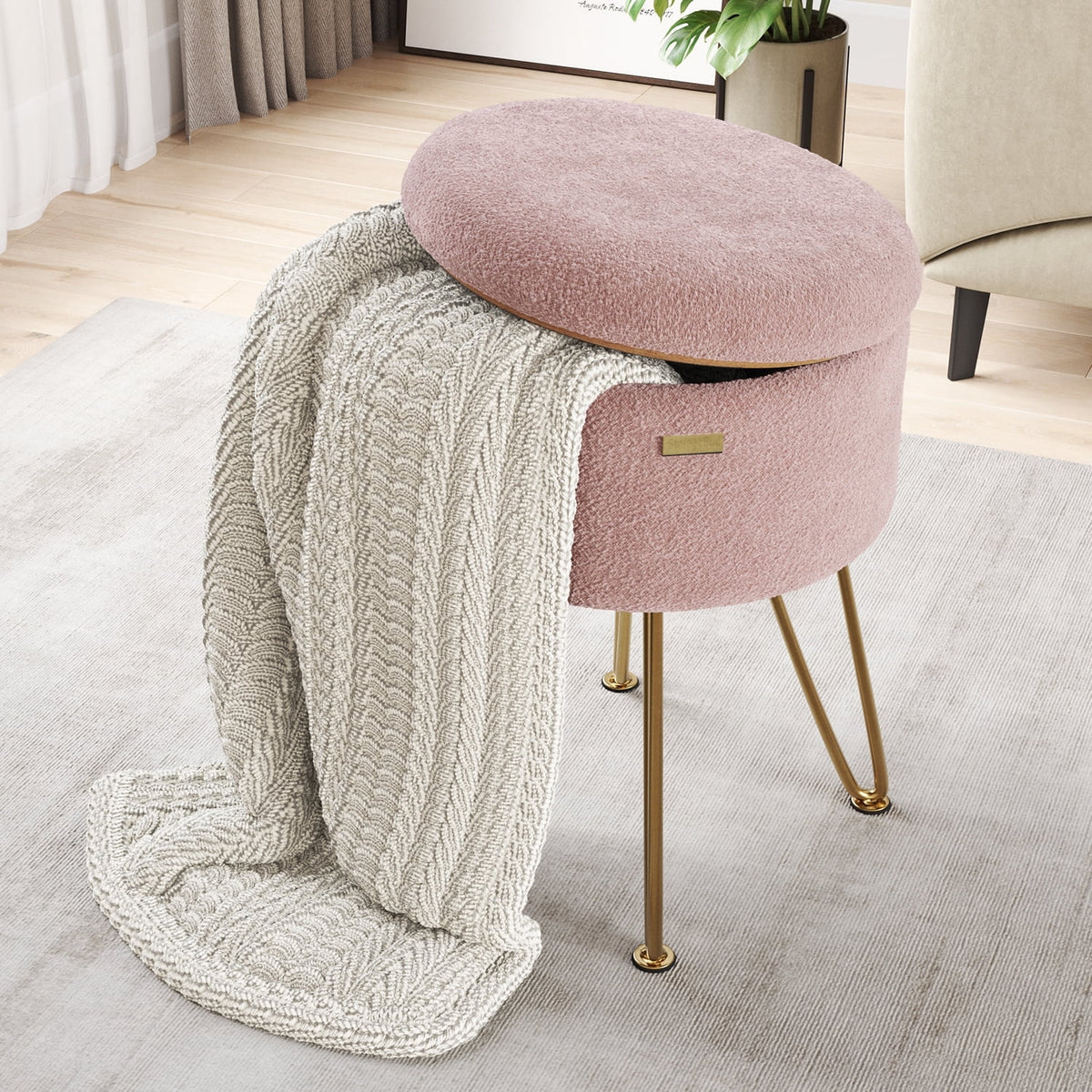 Elladera Hearth & Harbor Round Ottoman with Storage, Luxurious Foot Stool and Chic