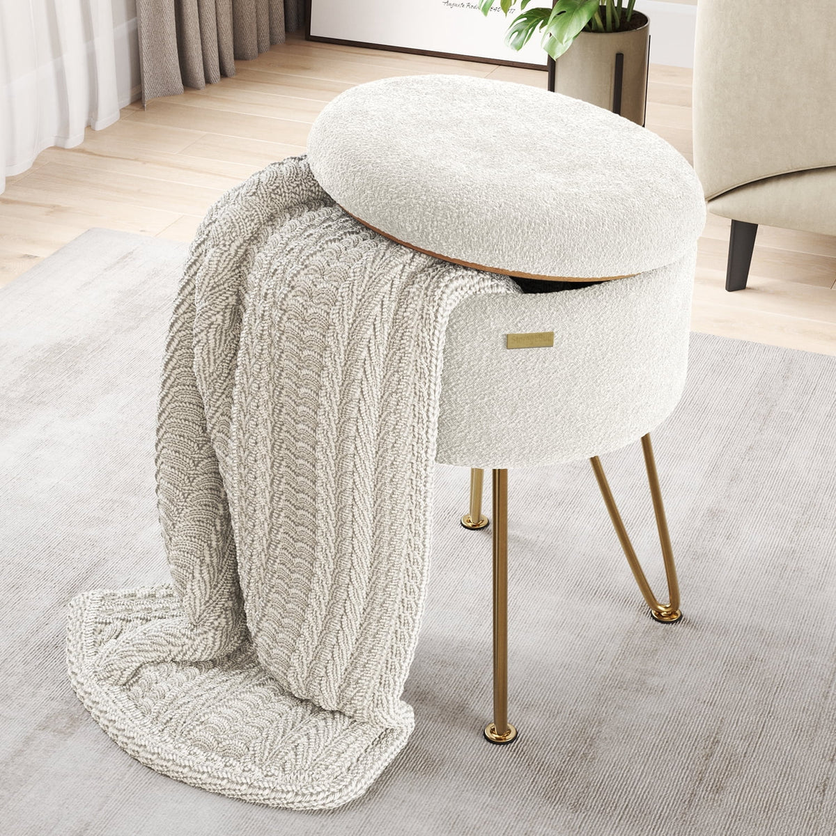 Elladera Hearth & Harbor Round Ottoman with Storage, Luxurious Foot Stool and Chic