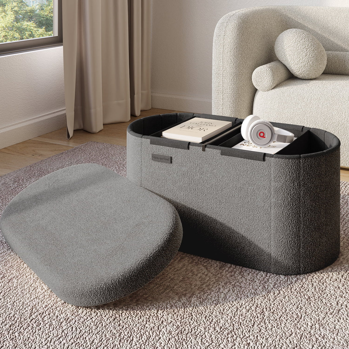 Elladera Hearth & Harbor Oval Storage Ottoman Bench, Boucle 30" Ottoman with
