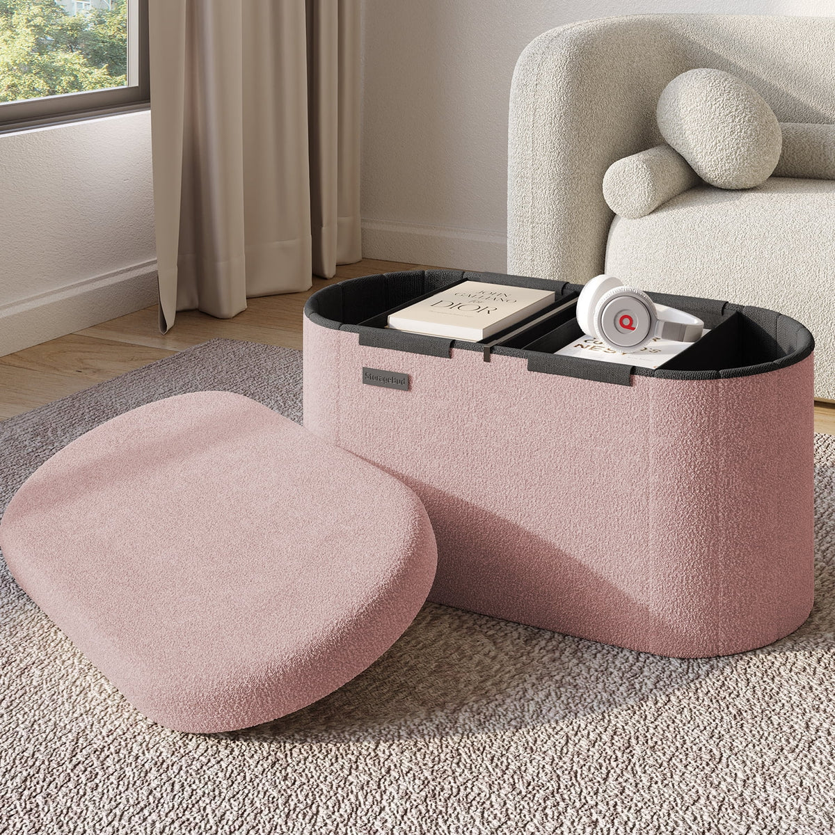 Elladera Hearth & Harbor Oval Storage Ottoman Bench, Boucle 30" Ottoman with