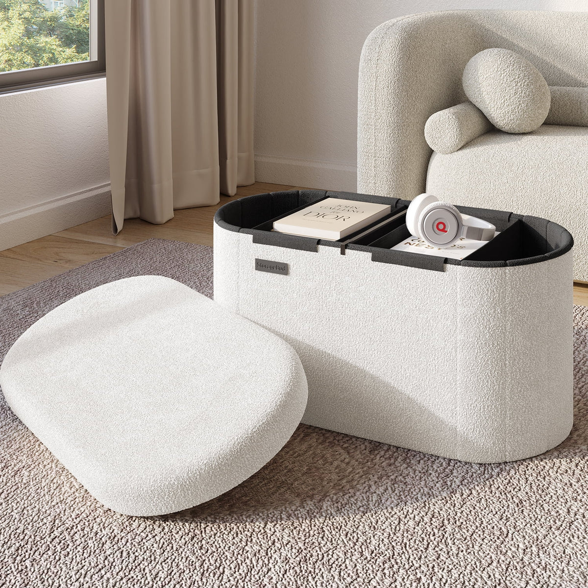 Elladera Hearth & Harbor Oval Storage Ottoman Bench, Boucle 30" Ottoman with