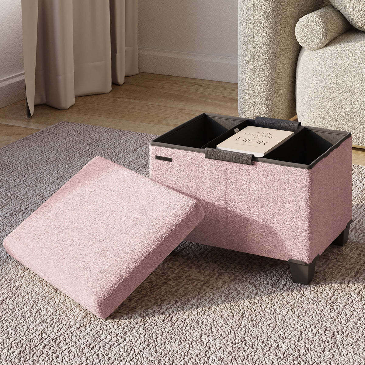 Elladera Hearth & Harbor Storage Ottoman Bench, Boucle 16" Ottoman with Storage, Pink