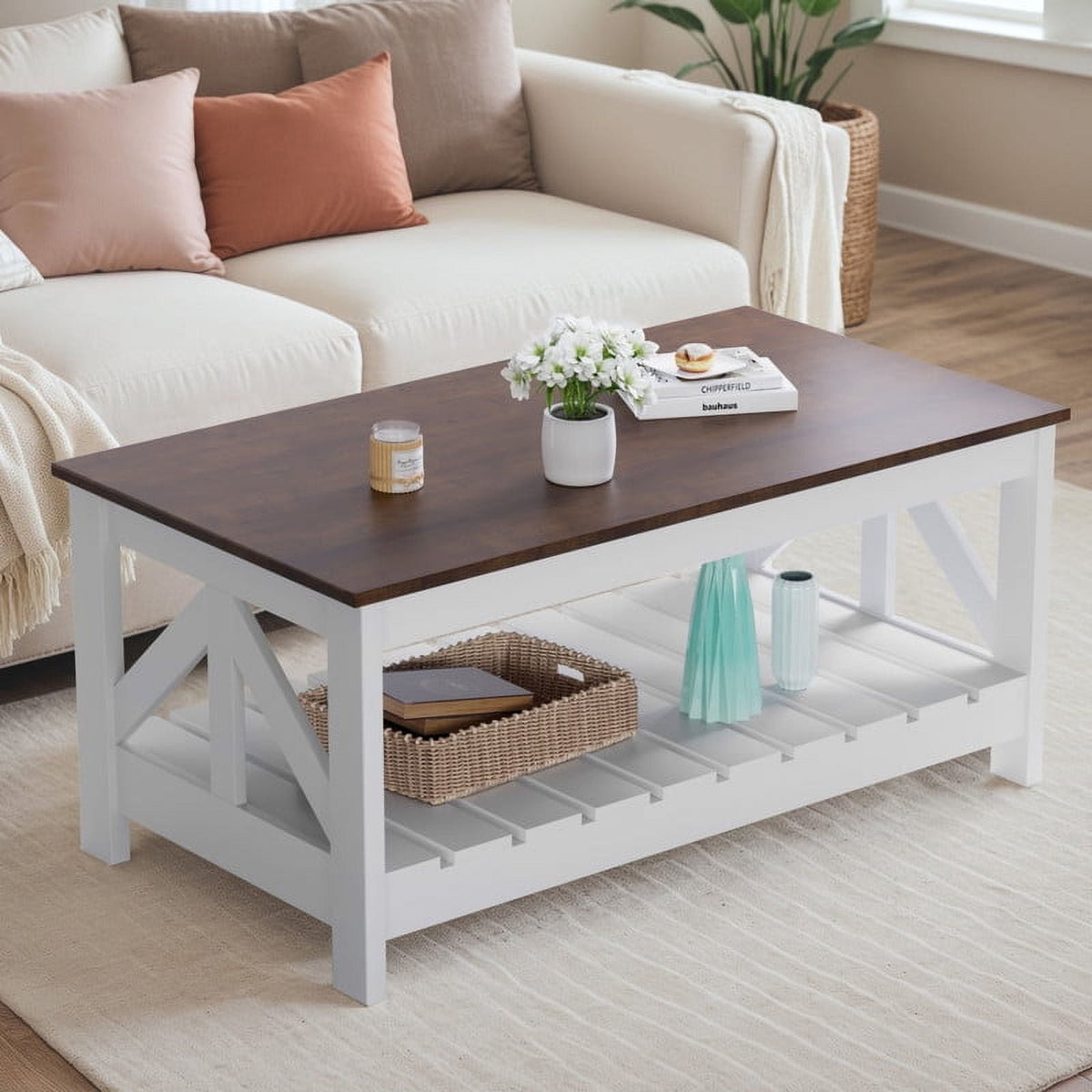 Elladera 39" 2-Tier Farmhouse Coffee Table Wood Center Table with Storage Shelf for