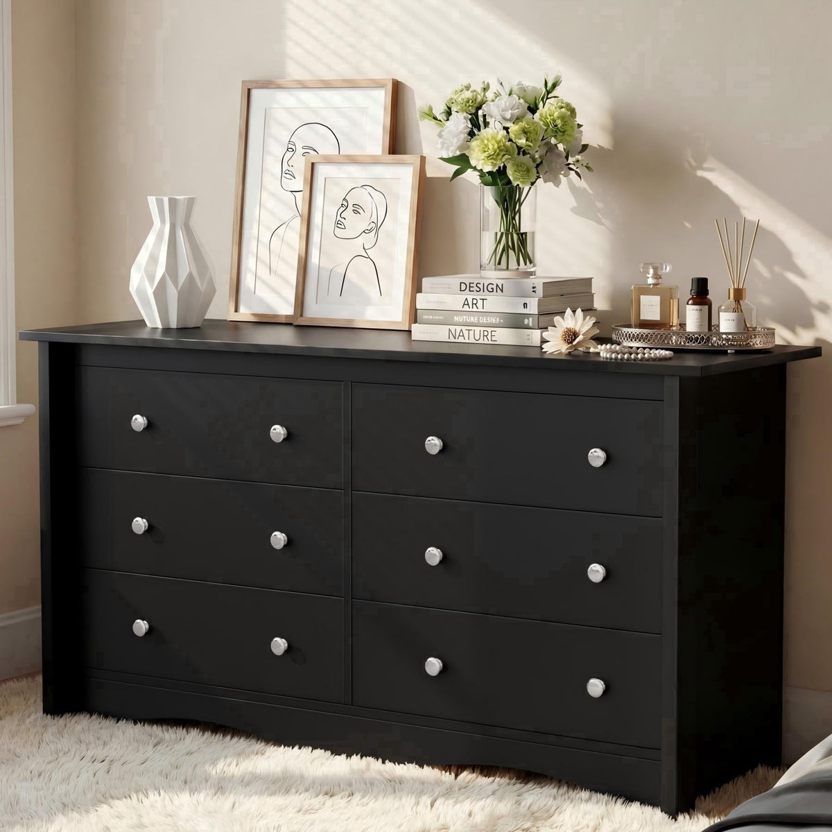 Elladera 6 Drawer Dresser for Bedroom, 47'' Wide Wood Double Chest of Drawers with