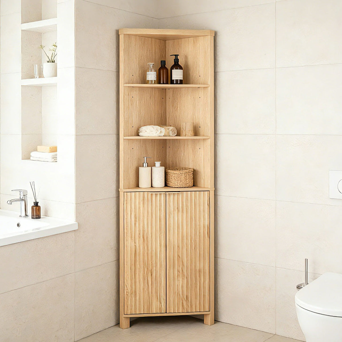 Elladera Corner Bathroom Cabinet with Fluted Double- doors, 5- Tier Freestanding