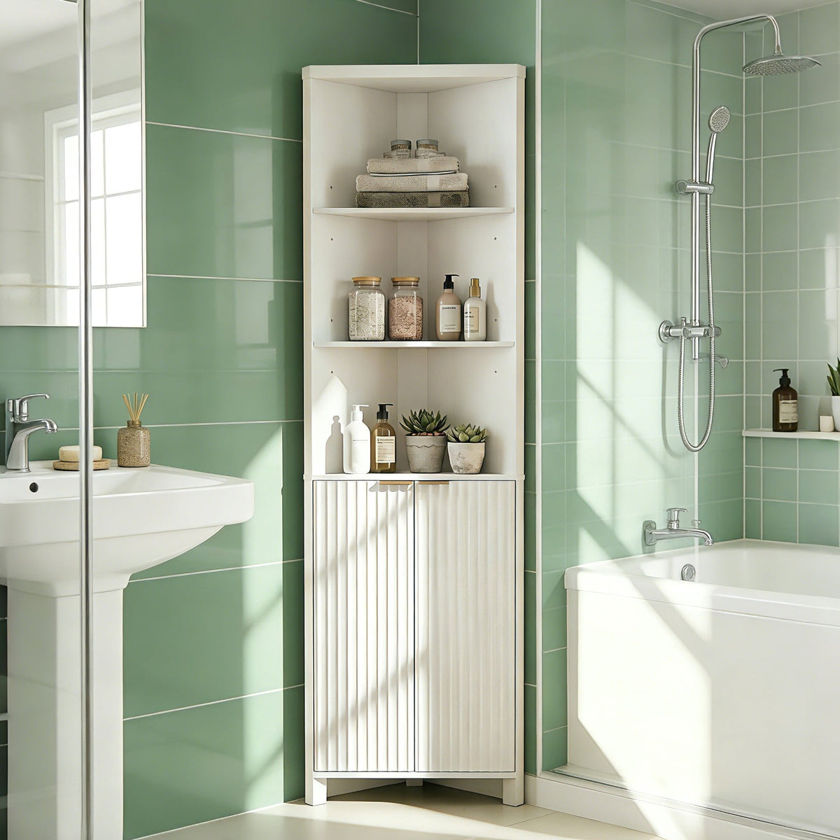 Elladera Corner Bathroom Cabinet with Fluted Double- doors, 5- Tier Freestanding