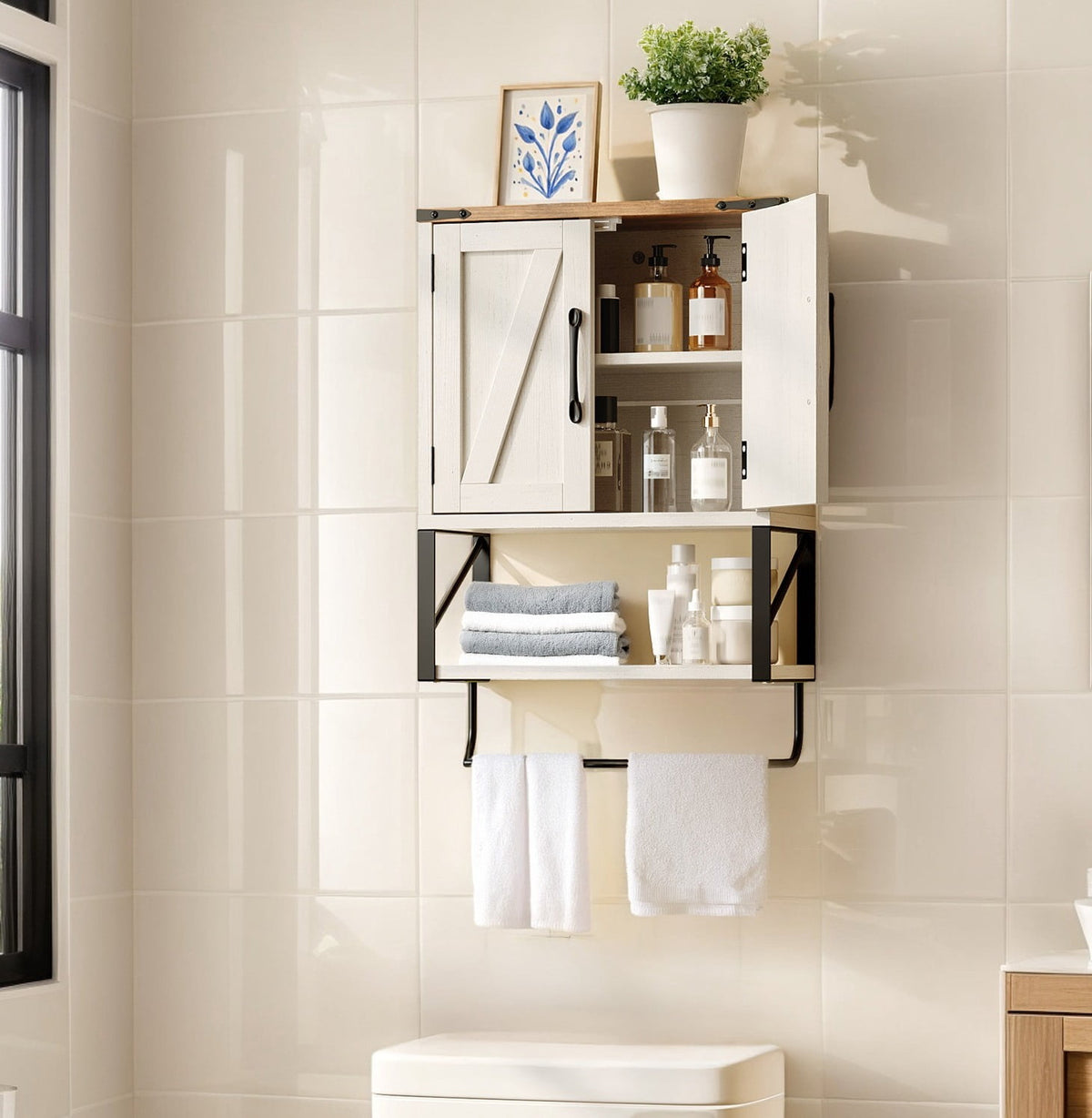 Elladera Farmhouse Bathroom Wall Cabinet, Wall Mounted Organizer 2 Doors, 1 Shelf,