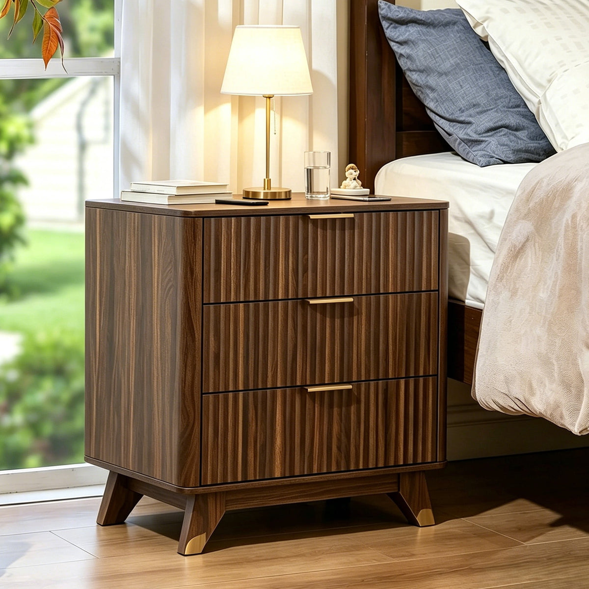 Elladera Solid Wood 3 Drawer Nightstand Fluted Bedside Table End Table, Oak