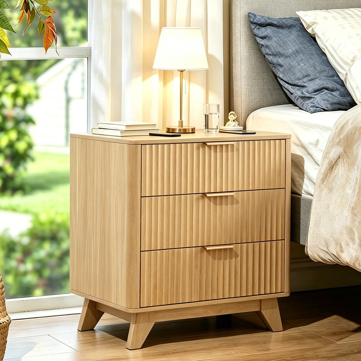 Elladera Solid Wood 3 Drawer Nightstand Fluted Bedside Table End Table, Oak