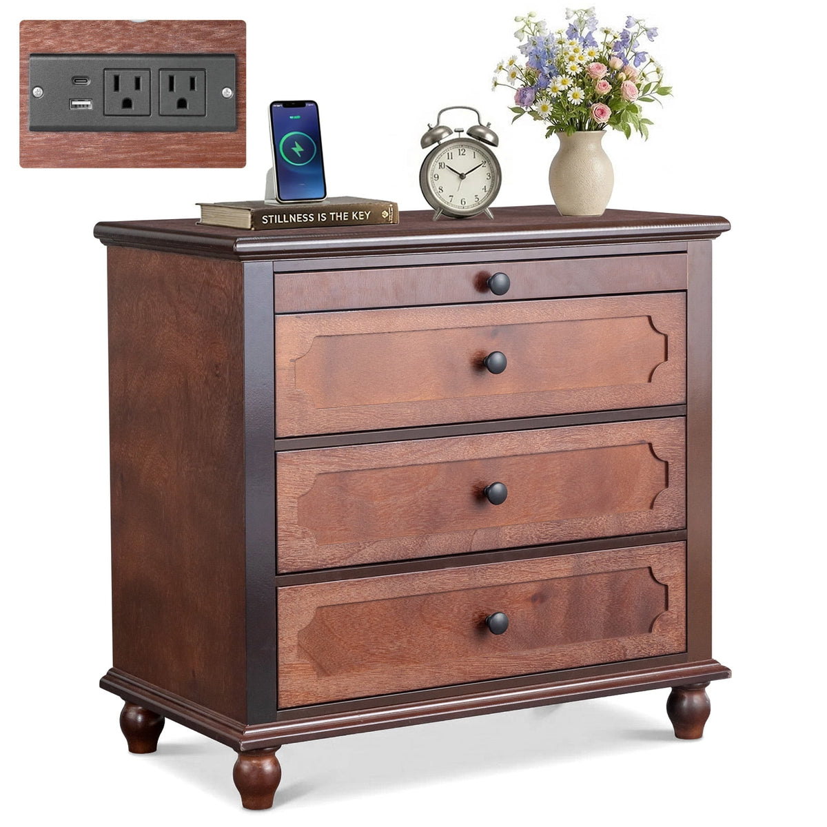 Elladera Solid Wood Nightstand with Outlets & USB Ports, 3 Drawer Traditional