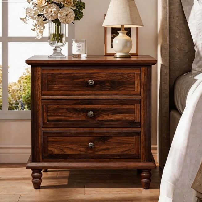 Elladera Solid Wood Nightstand 3 Drawer Traditional Cottage Bedside Table, Brown
