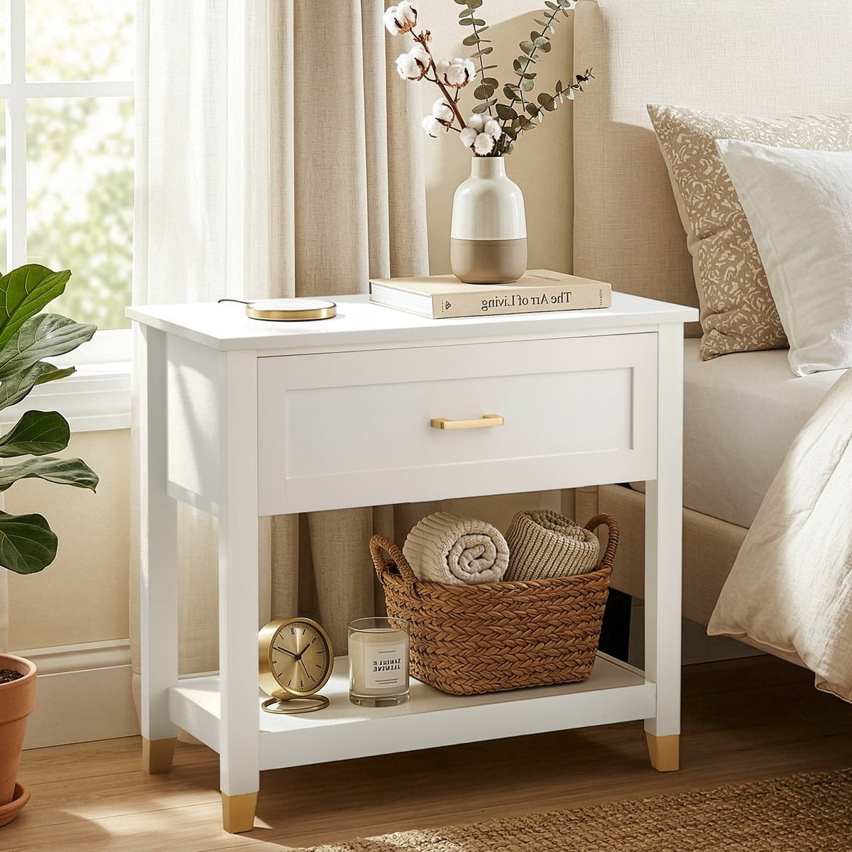 Elladera Solid Wood Nightstand with One Drawer Traditional Cottage Bedside Table, Green