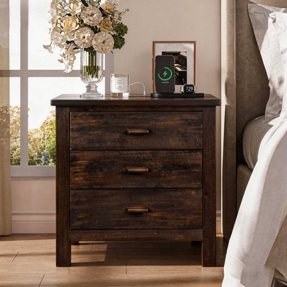 Elladera Solid Wood Nightstand 3 Drawer Traditional Cottage Bedside Table, Brown