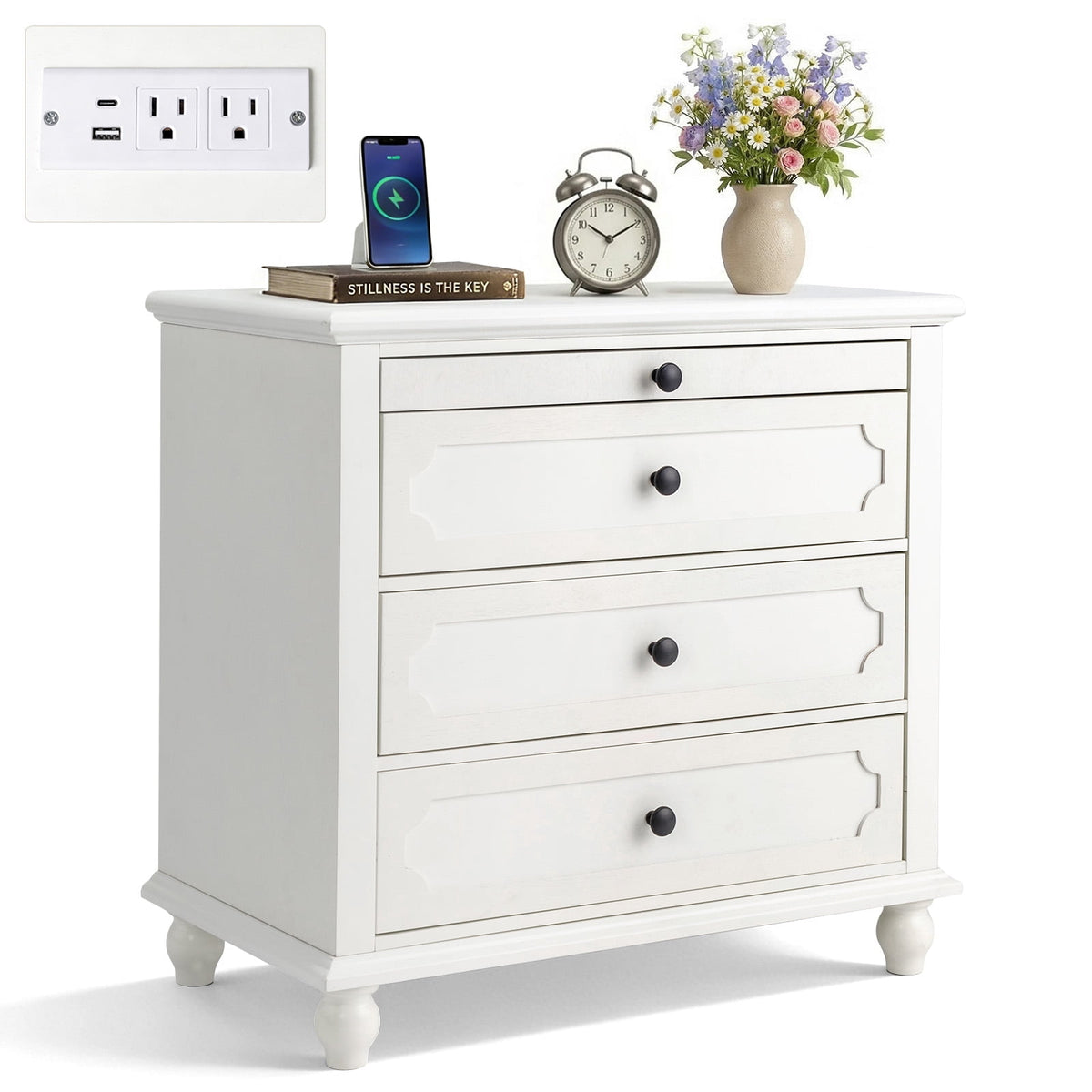 Elladera Solid Wood Nightstand with Outlets & USB Ports, 3 Drawer Traditional