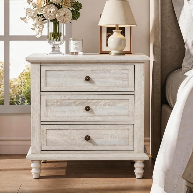 Elladera Solid Wood Nightstand 3 Drawer Traditional Cottage Bedside Table, Brown