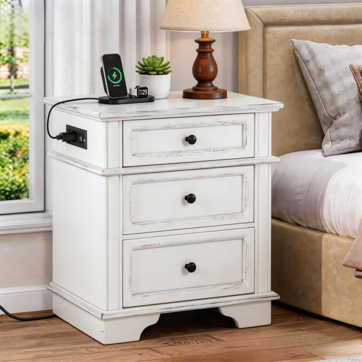 Elladera Solid Wood Nightstand with Outlets & USB Ports, 3 Drawer Traditional