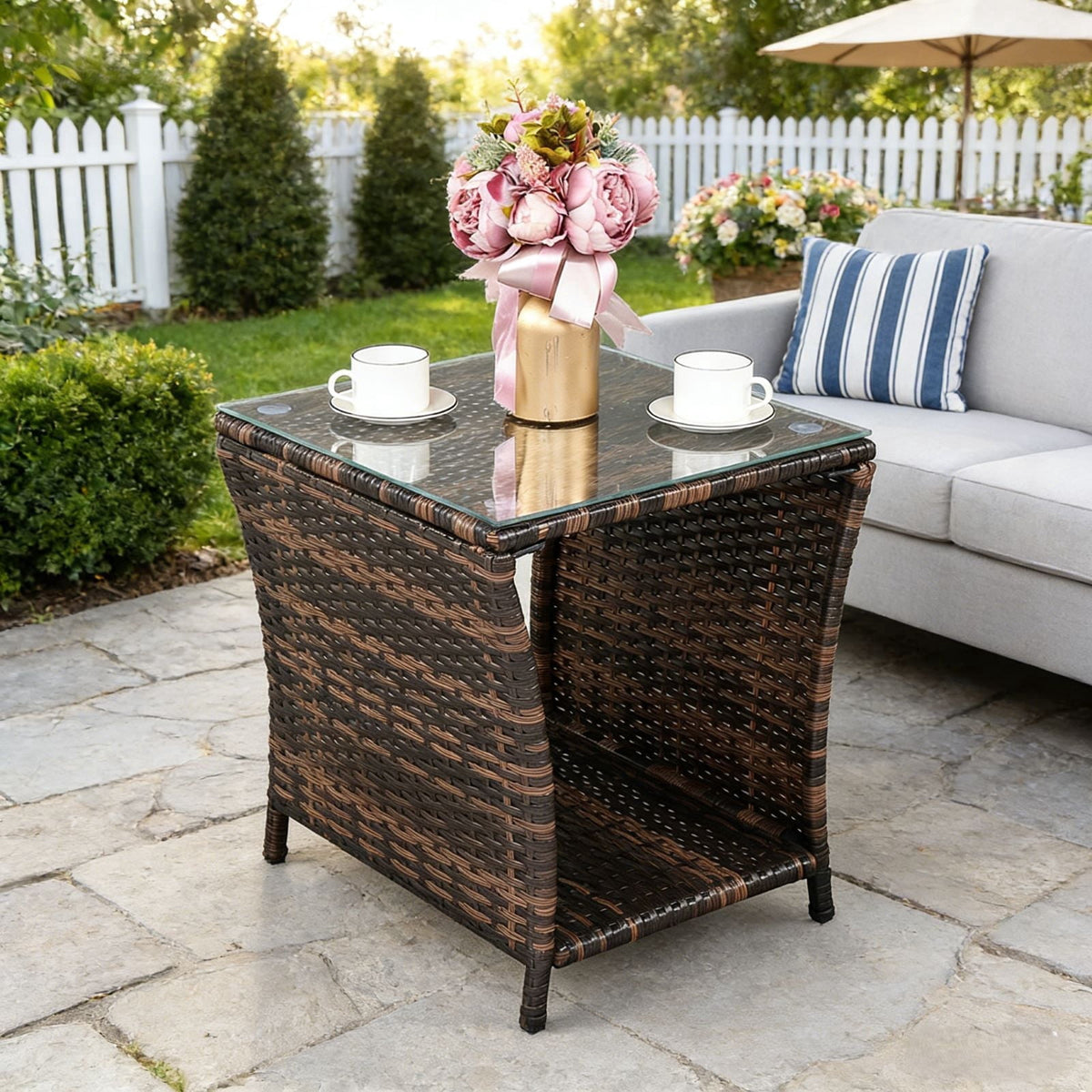 Elladera Side Table Porch Square Side Coffee Table with Glass Top, Rattan End Table