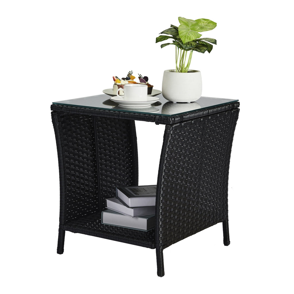 Elladera Side Table Porch Square Side Coffee Table with Glass Top, Rattan End Table