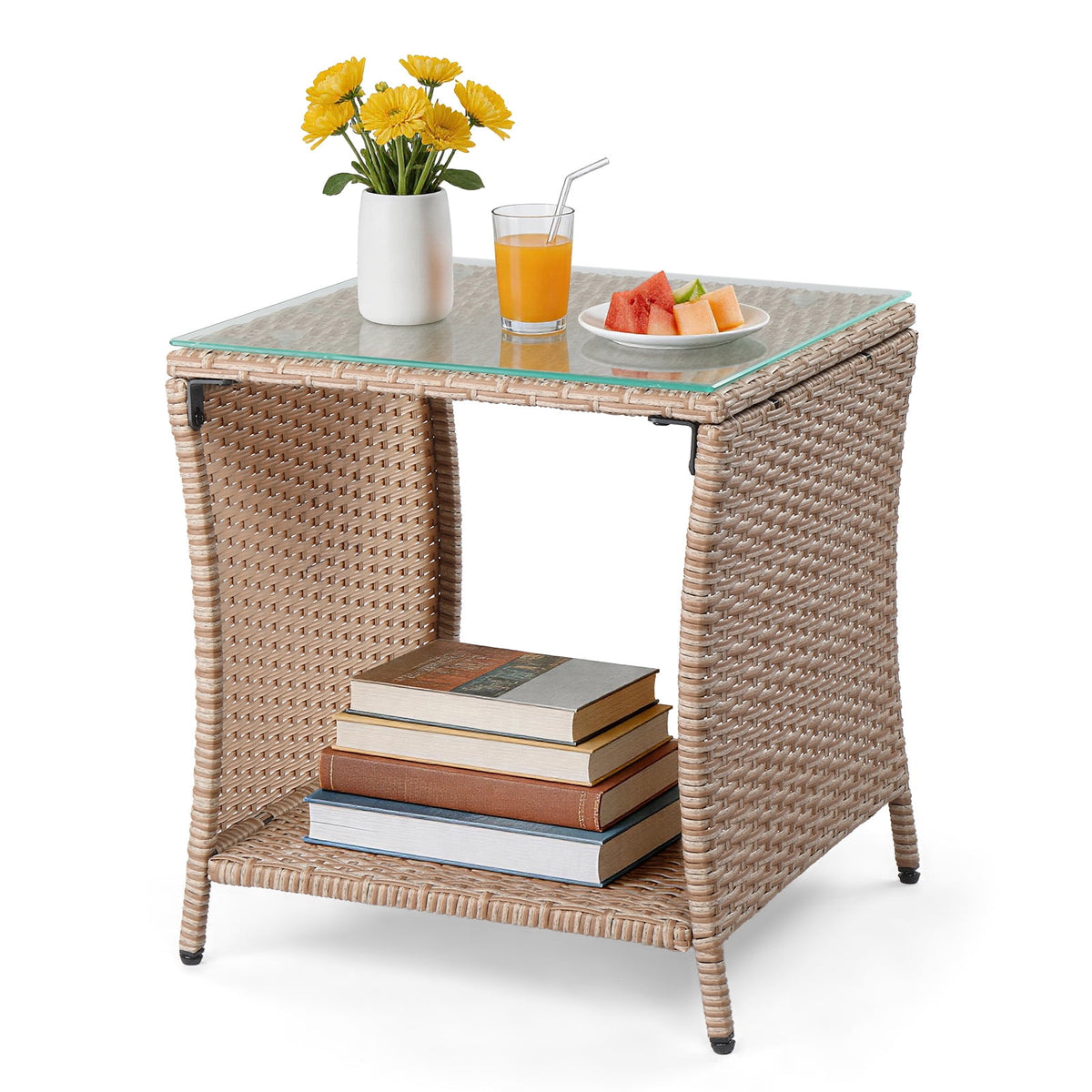 Elladera Side Table Porch Square Side Coffee Table with Glass Top, Rattan End Table