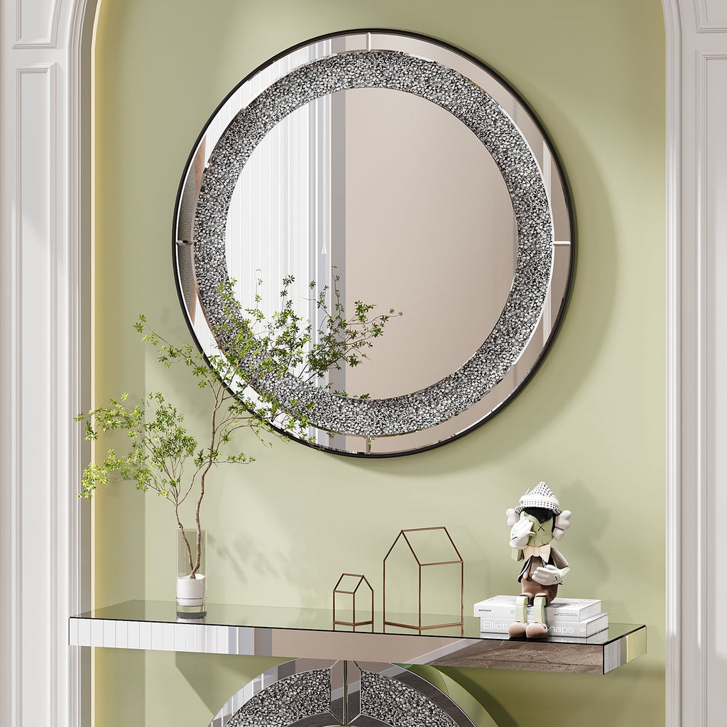 Elladera Modern Crystal Crush Diamond Sparkly Round Silver Wall Mirror- Handcrafted