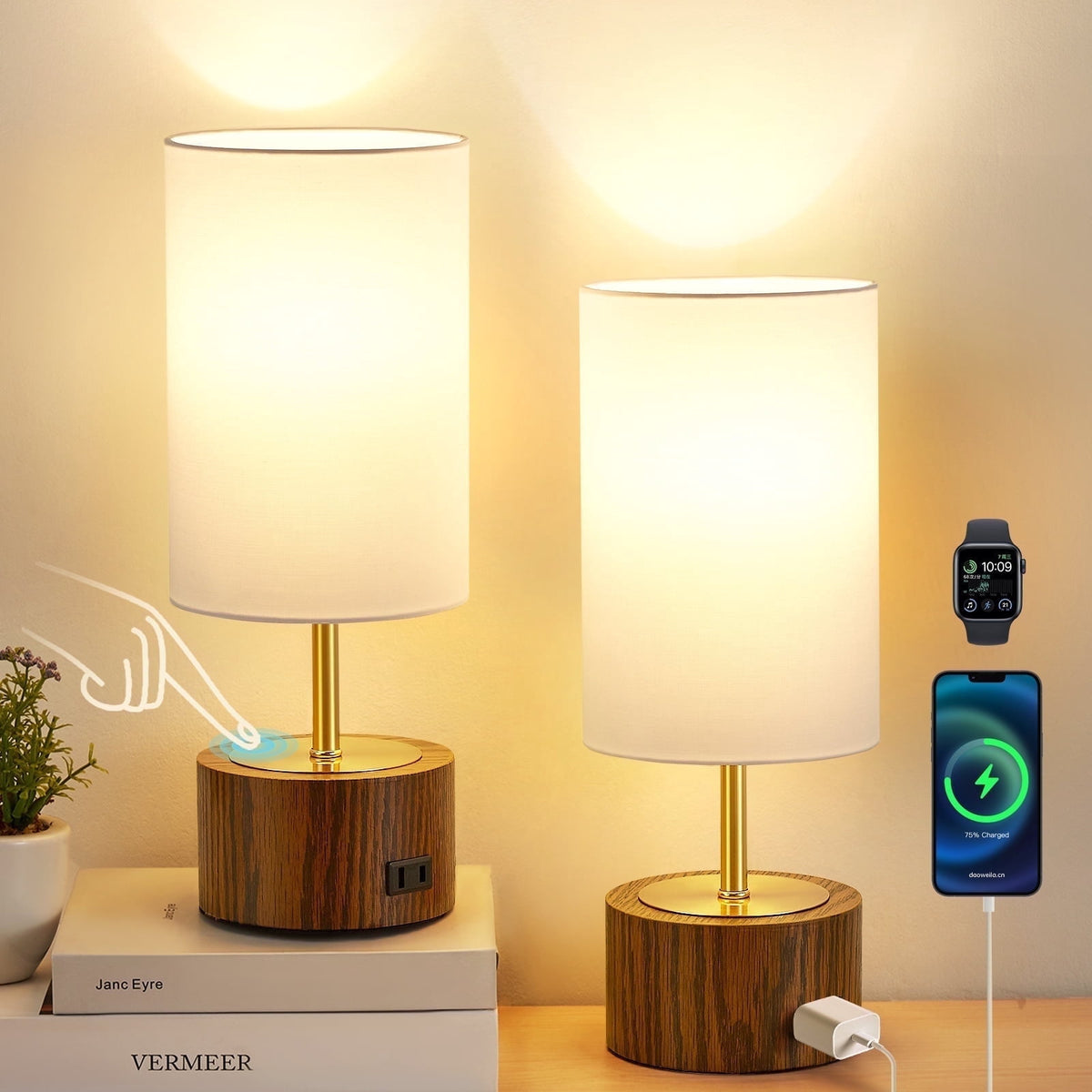 Elladera NATYSWAN Bedside Table Lamps Set of 2,Touch Control Nightstand Lamp with
