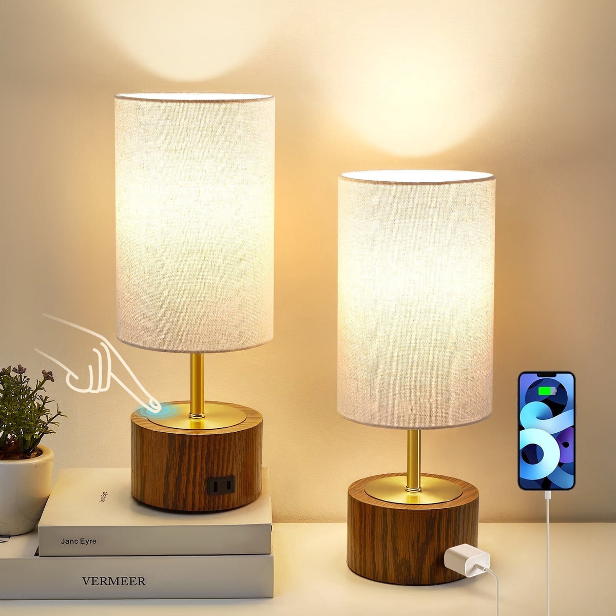 Elladera NATYSWAN Bedside Table Lamps Set of 2,Touch Control Nightstand Lamp with