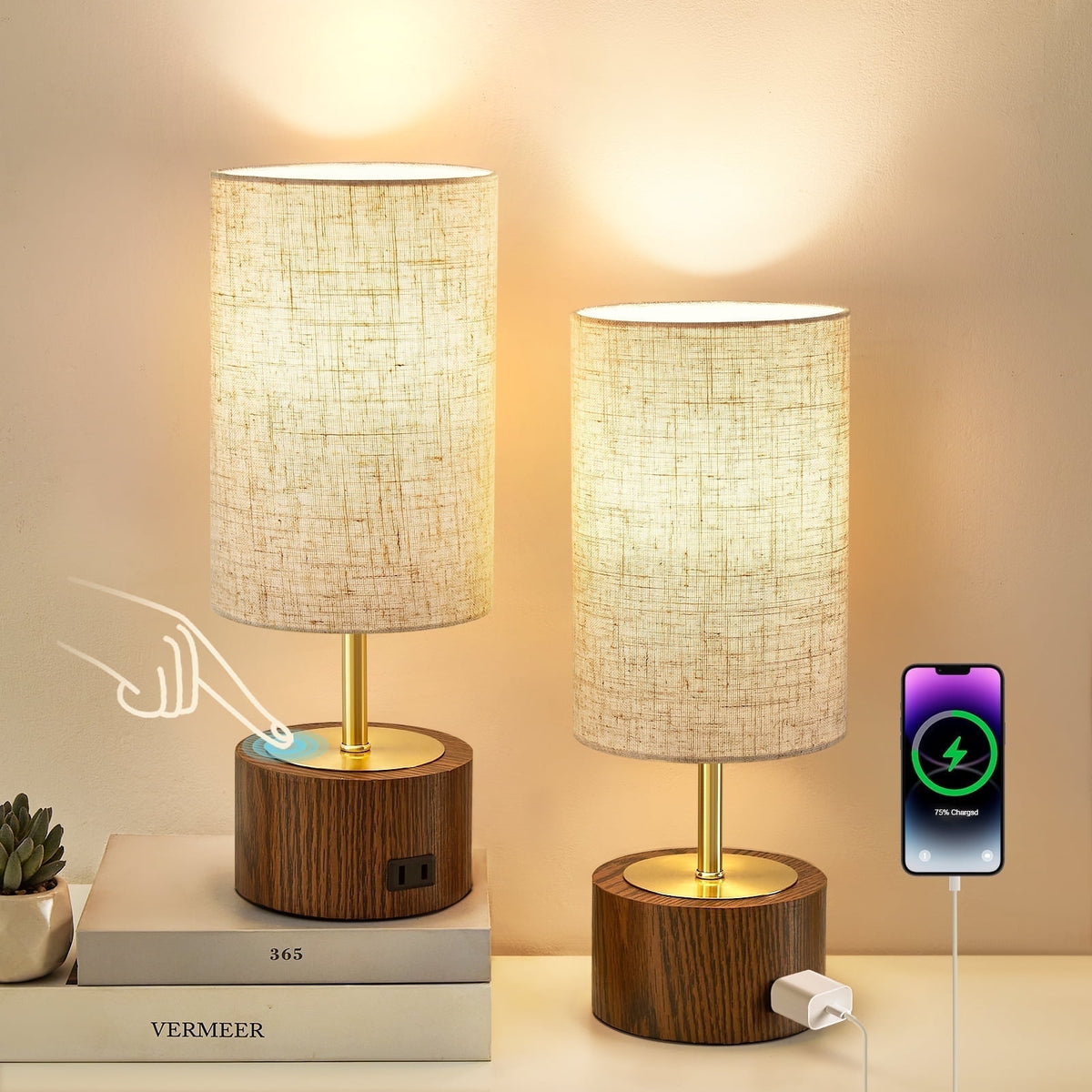 Elladera NATYSWAN Bedside Table Lamps Set of 2,Touch Control Nightstand Lamp with