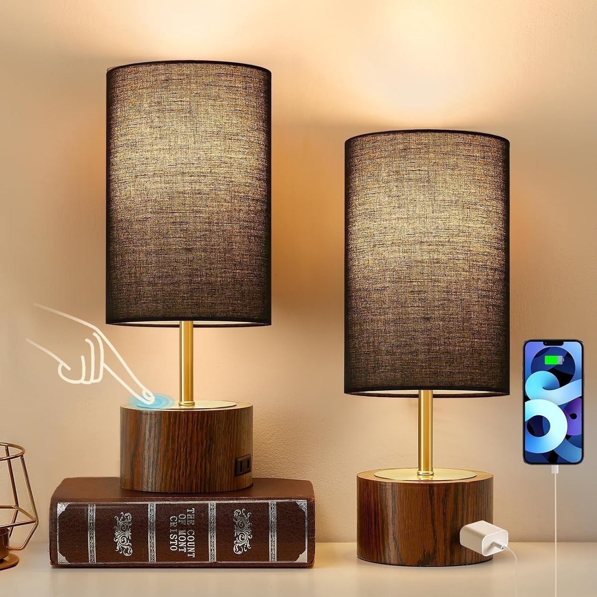 Elladera NATYSWAN Bedside Table Lamps Set of 2,Touch Control Nightstand Lamp with
