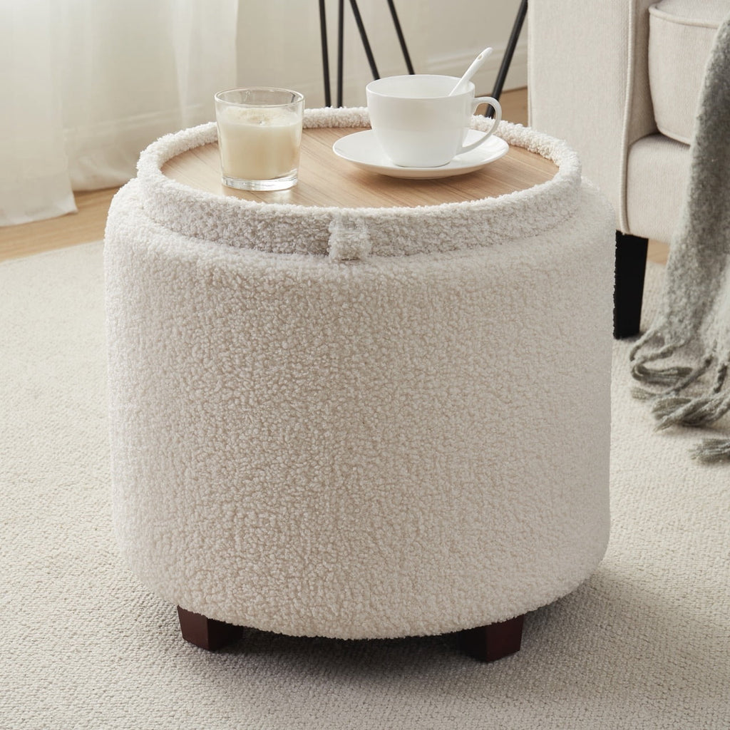 Elladera Ornavo Home Round Storage Ottoman with Reversible Lid, 17in Boucle White