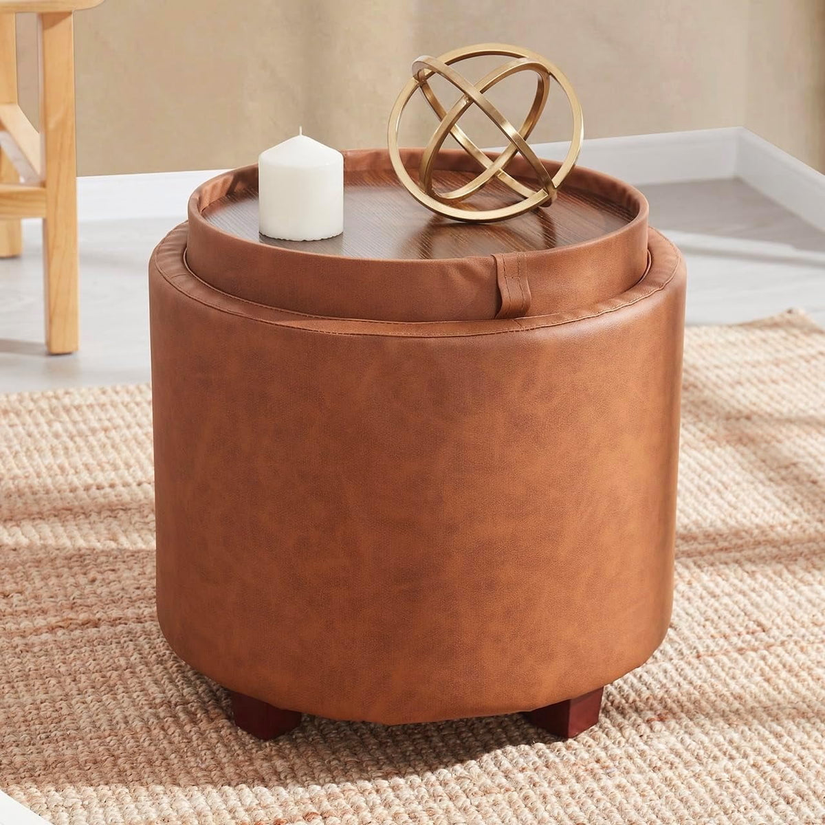 Elladera Ornavo Home Round Storage Ottoman with Reversible Lid, 17in Boucle White