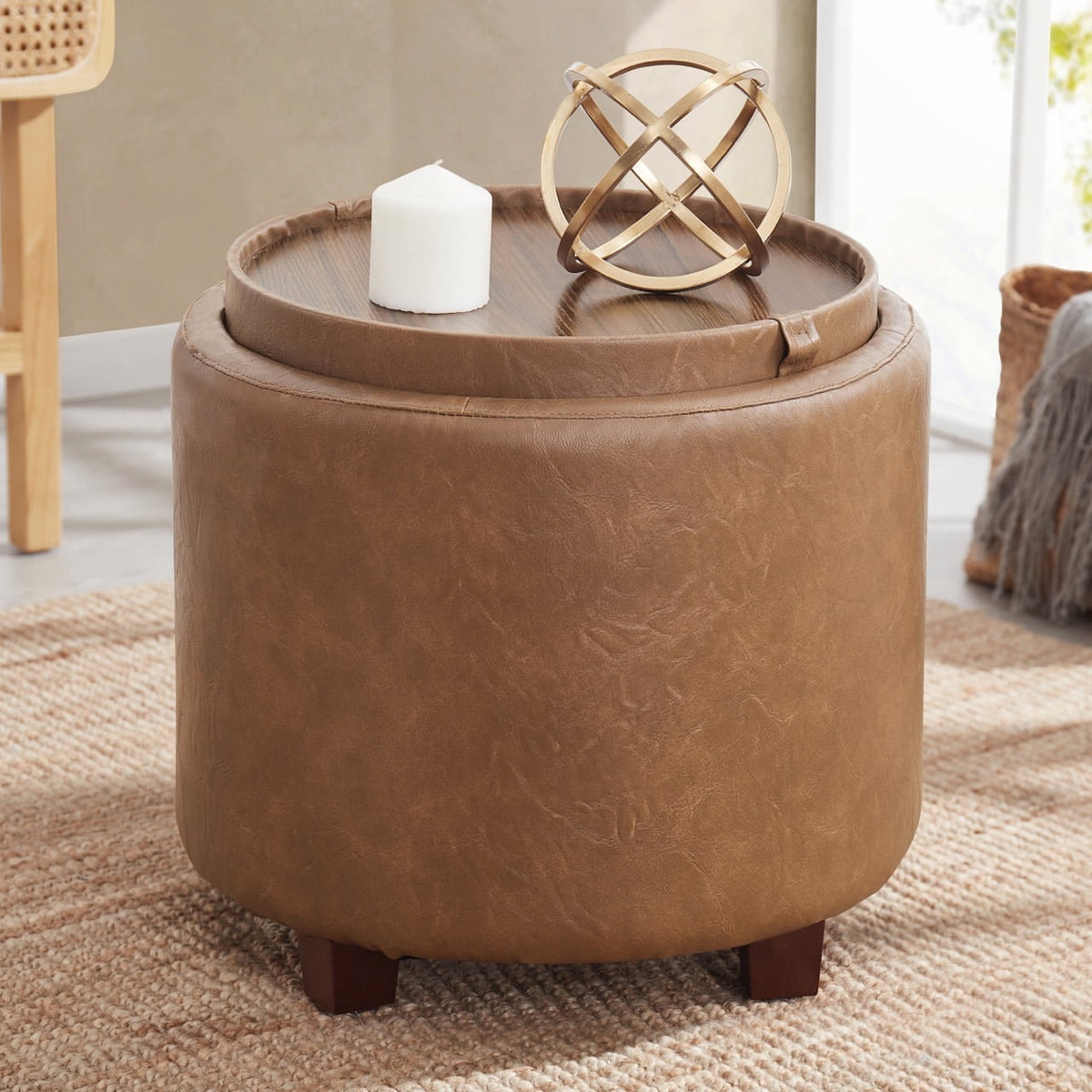 Elladera Ornavo Home Round Storage Ottoman with Reversible Lid, 17in Boucle White