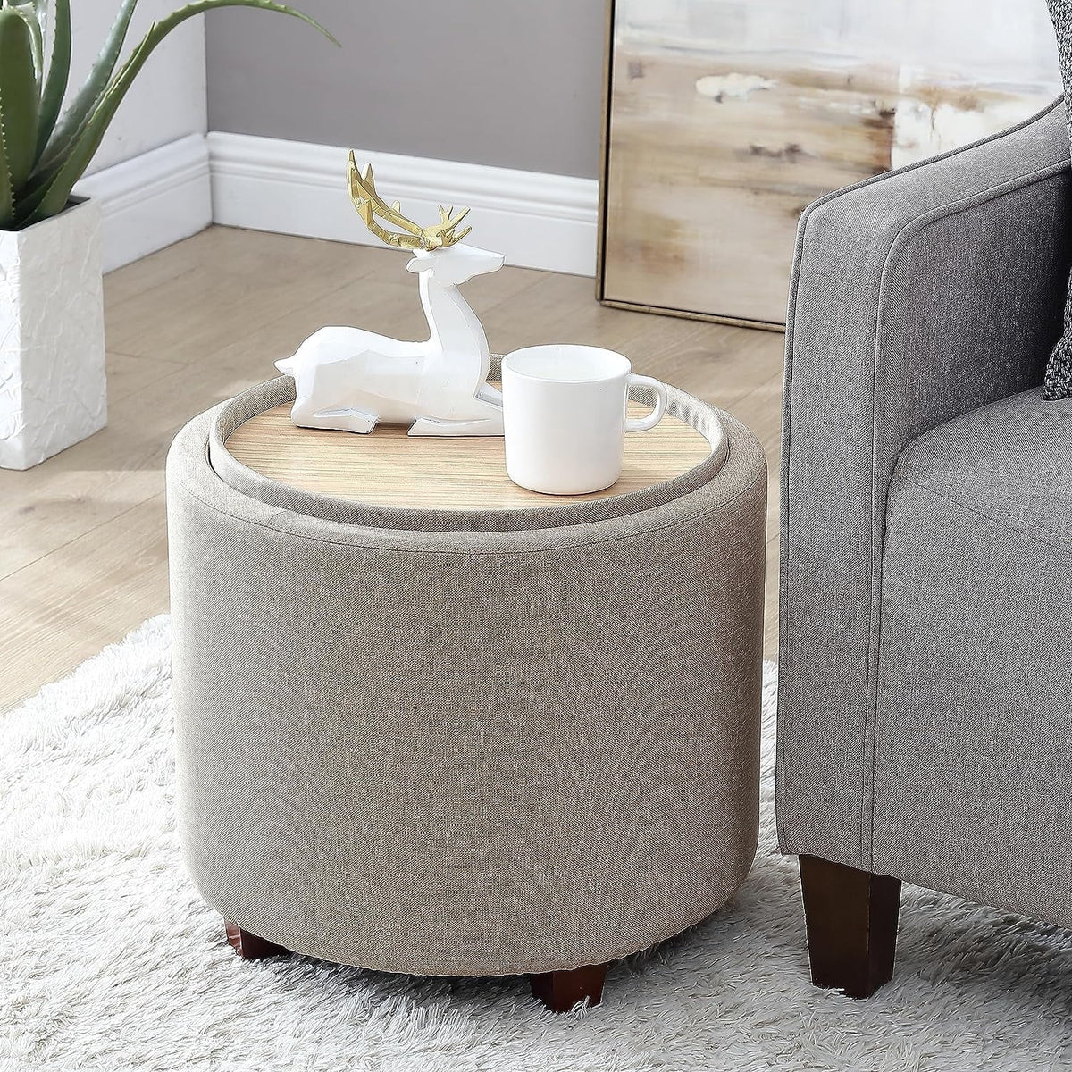 Elladera Ornavo Home Round Storage Ottoman with Reversible Lid, 17in Boucle White