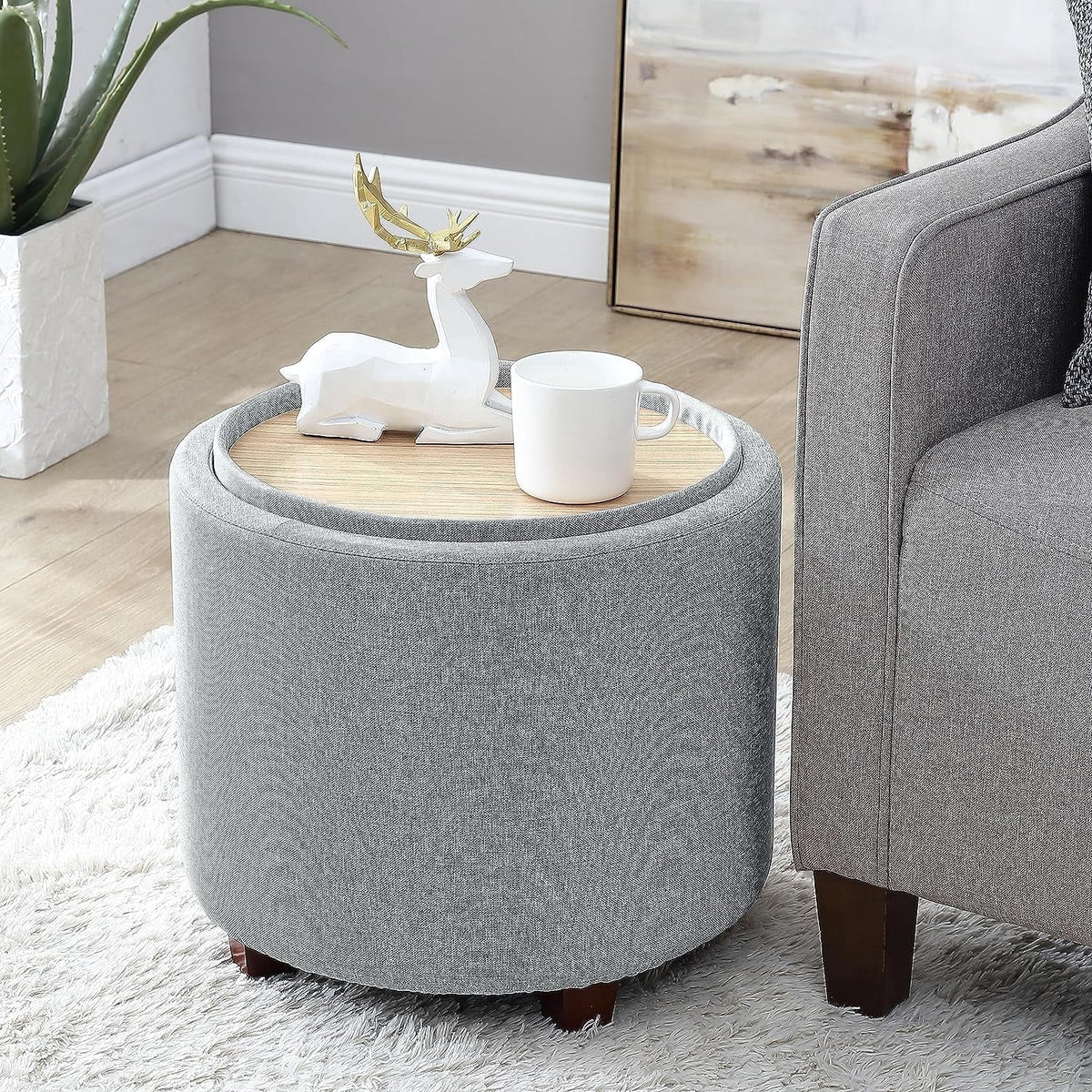 Elladera Ornavo Home Round Storage Ottoman with Reversible Lid, 17in Boucle White