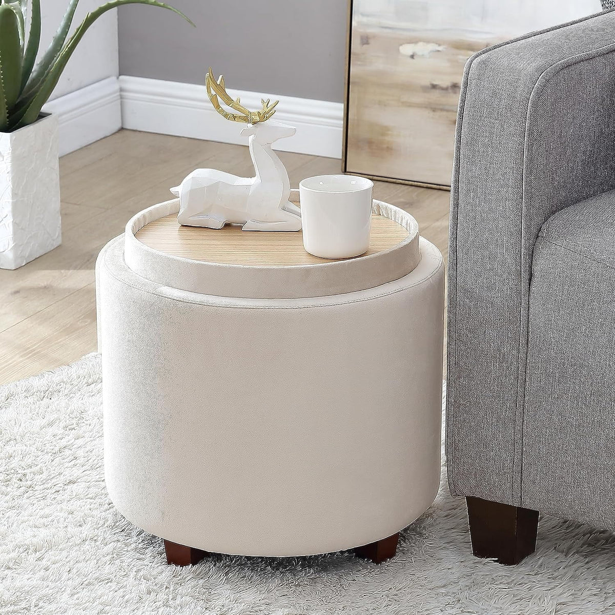 Elladera Ornavo Home Round Storage Ottoman with Reversible Lid, 17in Boucle White