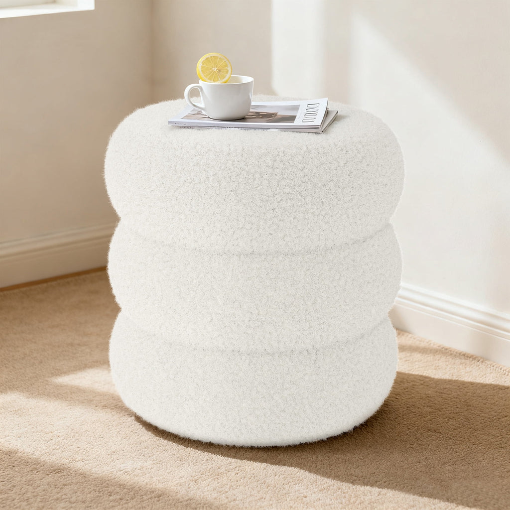 Elladera Round Ottoman with Storage, Plush Teddy Boucle Footstool for Living Room
